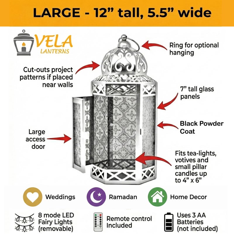 VELA LANTERNS 12" Black Metal Moroccan Decorative LED Fairy Lights Candle Lantern Holders for Hanging or Table, Indoor Home Decor, Outdoor Patio or Porch, Weddings, Blue Glass, Large - Image 5